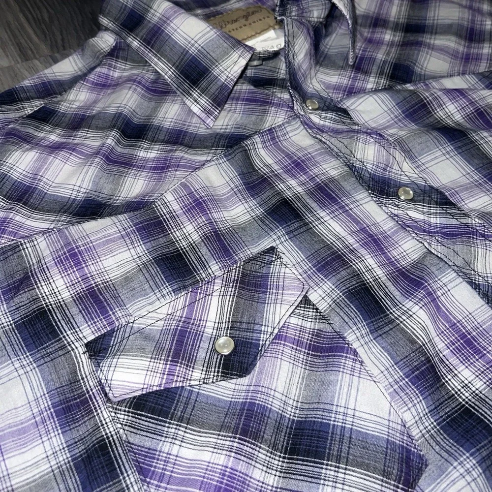 Wrangler Shirt Pearl Snap Buttons Purple Plaid 3XL Western Short Sleeve